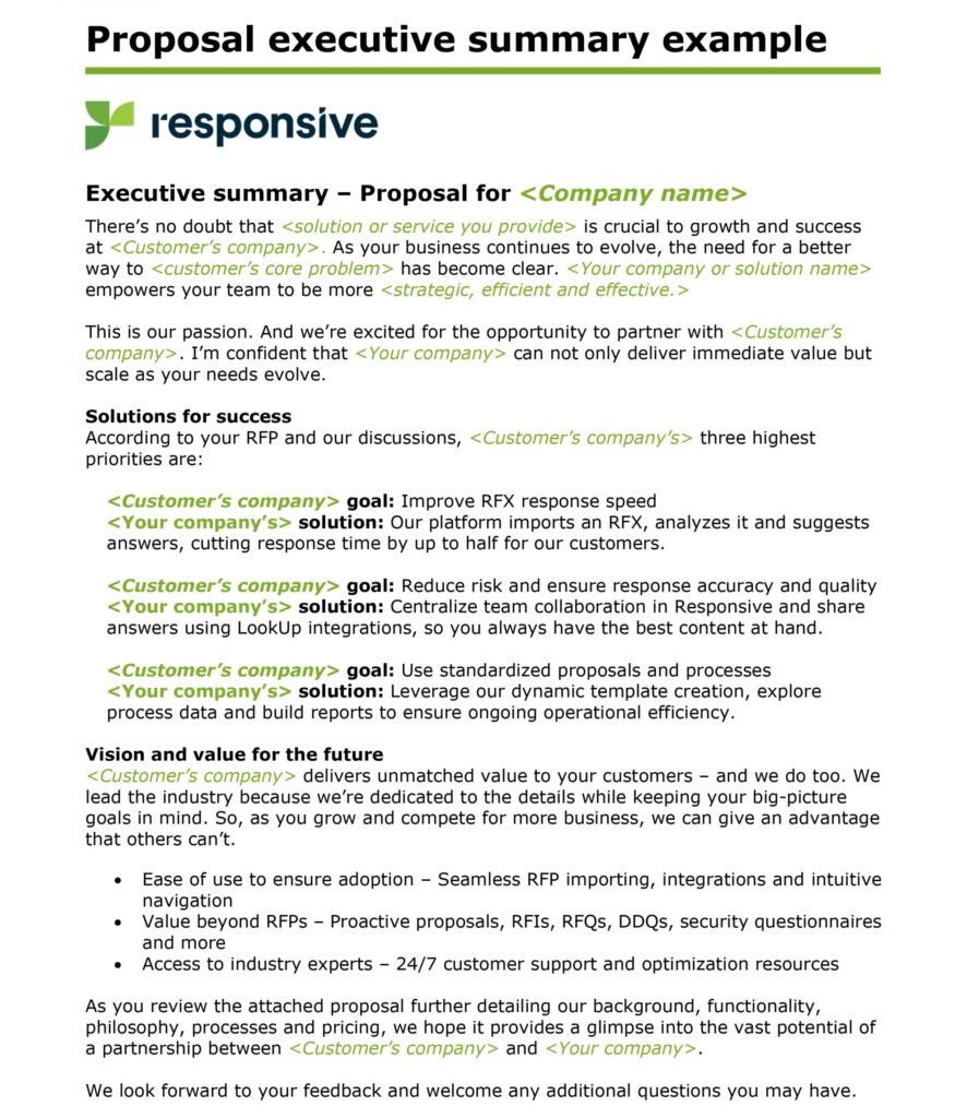 Proposal Executive Summary Example - Document Image - Downloadable Template Available at responsive.io