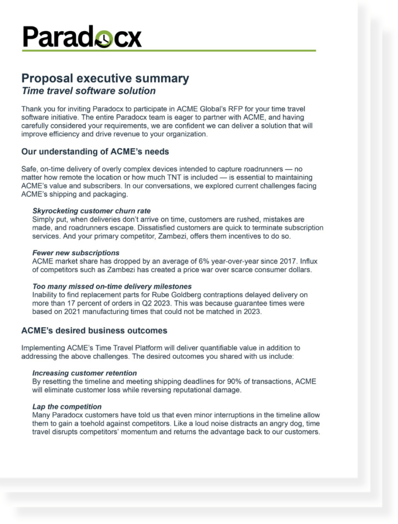 Request for proposal executive summary example ACME and Paradox Creative Example