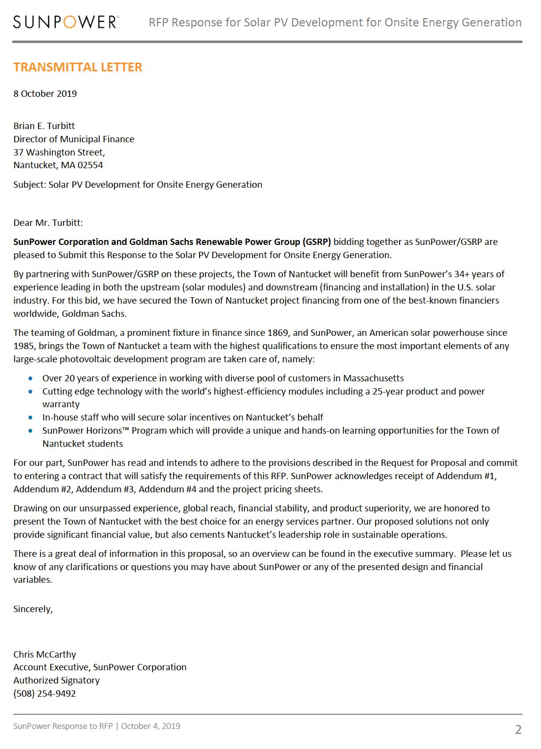 SunPower Bid Proposal Cover Letter Example